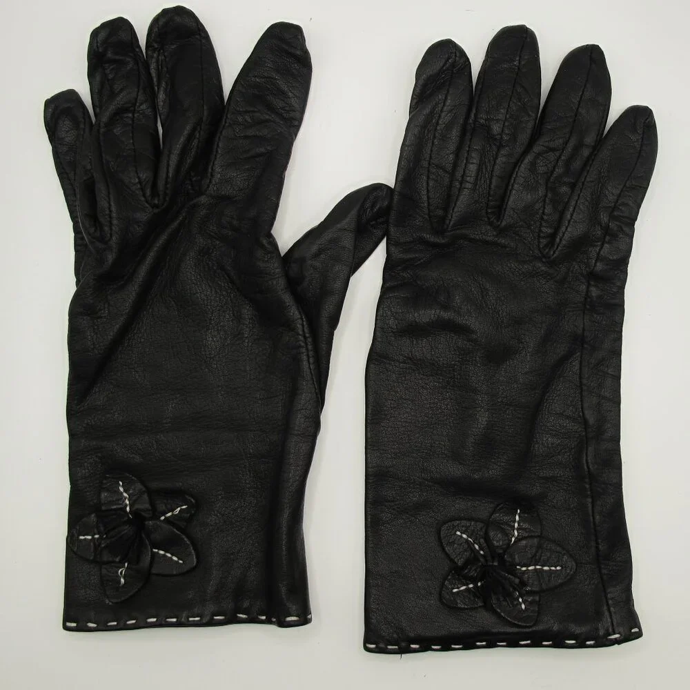 Talbots black leather ladies gloves, silk lined, 7.5